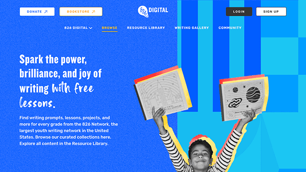 A website with a boy holding up books.