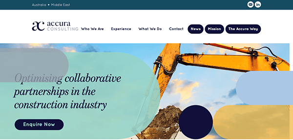 A website for a construction company with an image of an excavator.