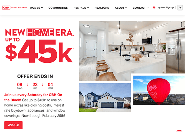 A real estate website with a new home and a red balloon.