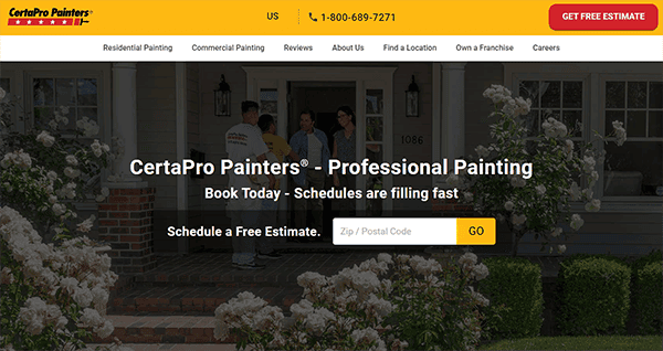 A CertaPro Painters crew stands at the entrance of a house, preparing for a House Painting job; the website header features contact info and a form to schedule a free estimate—hallmarks of the Best House Painting Websites.