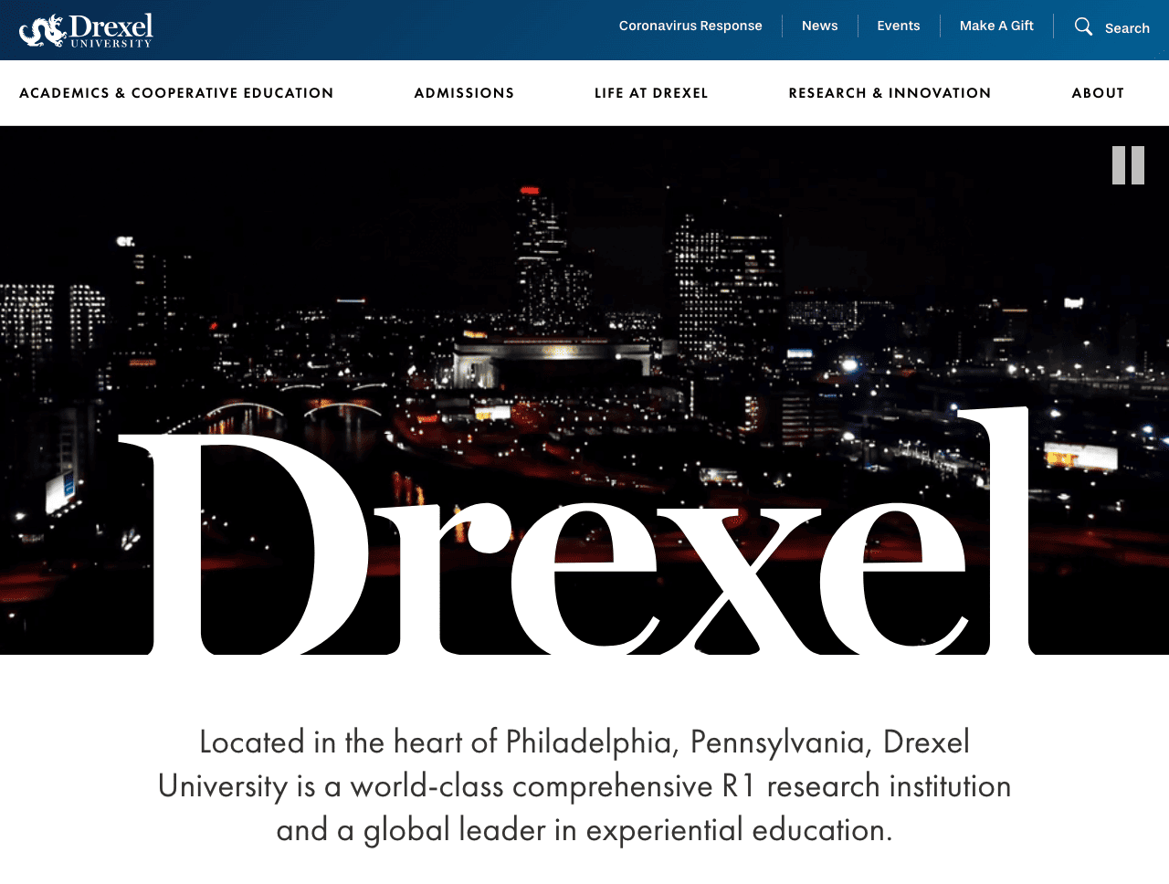 The homepage of drexel, located in the heart of philadelphia, pennsylvania.