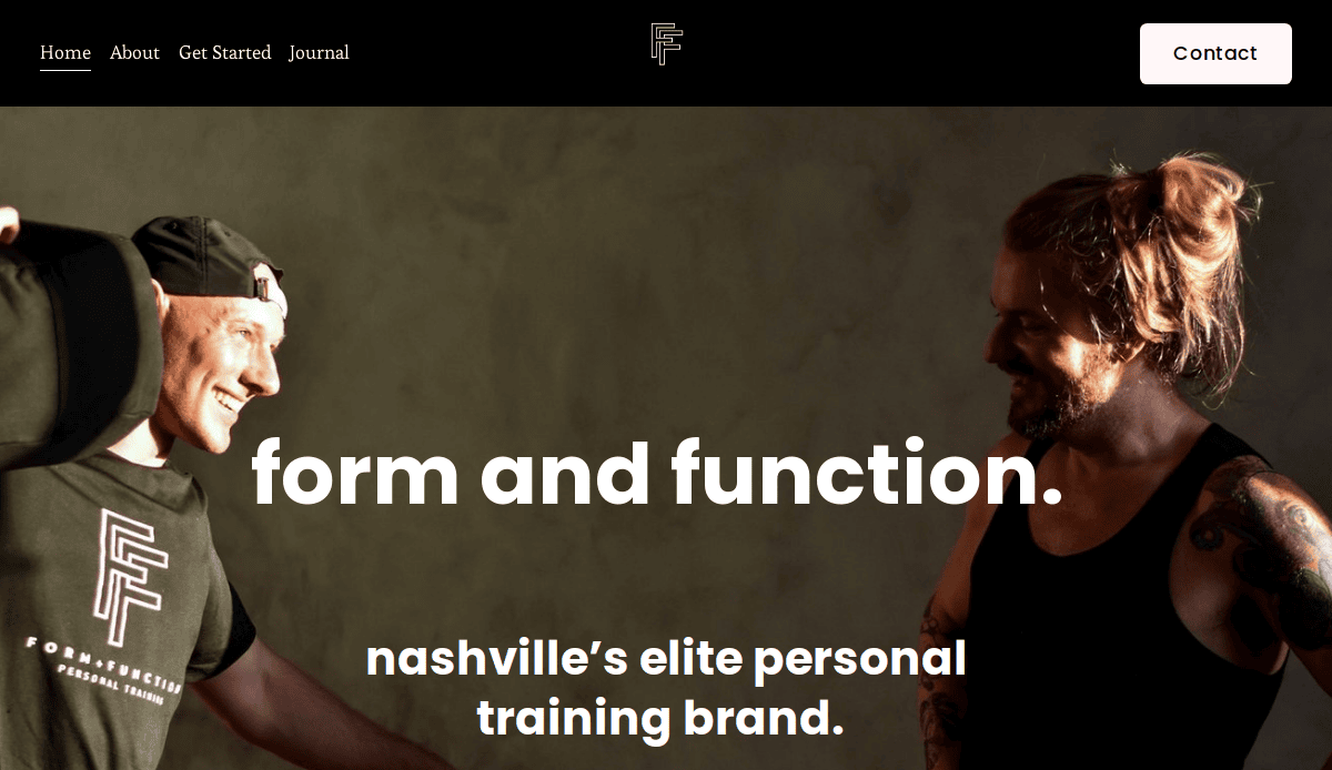 Two smiling men in athletic wear high-five in a gym. The text reads, “form and function. nashville’s elite personal training brand.” A polished personal trainer website design features the menu and Contact button at the top.