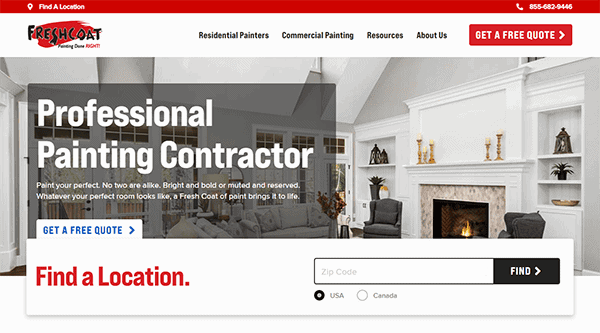 Screenshot of Fresh Coat Painters website showing a living room, company logo, navigation menu, and options to get a free quote or find a location by zip code—one of the best website designs for house painting services.