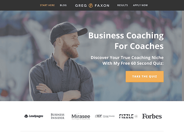 A business coaching website with a man wearing a beard.