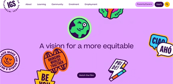 A purple website with a lot of stickers on it.