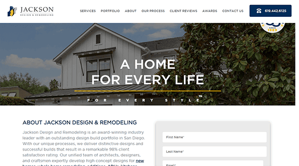 Screenshot of Jackson Design & Remodeling’s homepage, showcasing a modern house, company logo, contact number, and the headline "A Home For Every Life"—an inspiring example among the best contractor websites.