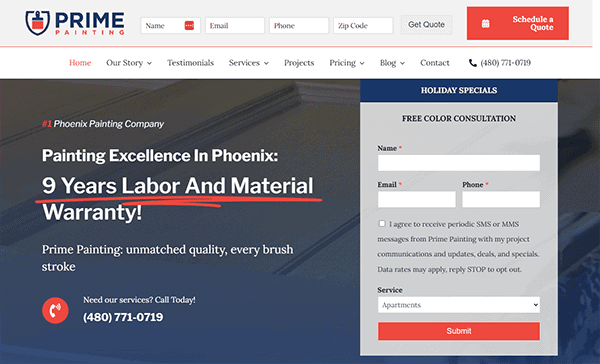 Screenshot of Prime Painting’s website, featuring one of the best website designs in house painting, with a 9-year labor and material warranty, contact form, phone number, and a “Schedule a Quote” button clearly visible.