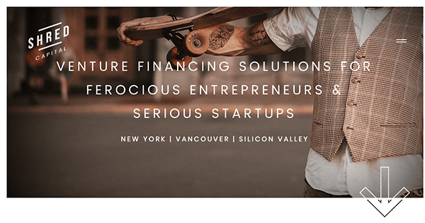 A man is holding a skateboard with the words venture financing solutions for furious entrepreneurs and serious startups.