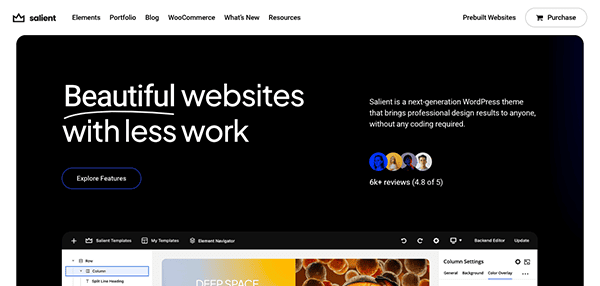The homepage of a website with the words'beautiful websites with less work'.