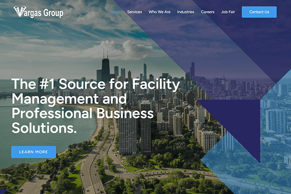A city skyline near a lake with white text: The #1 Source for Facility Management and Professional Business Solutions. The Vargas Group logo and navigation menu are at the top, showcasing the expertise and excellence that Vargas Group brings to every project.