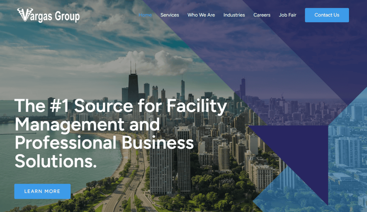 Screenshot of the Vargas Group website homepage featuring facility management services, business professionals meeting, company philosophy, overview of services, goals, and contact information, all presented within the Vargas Group’s signature blue, white, and green color scheme.