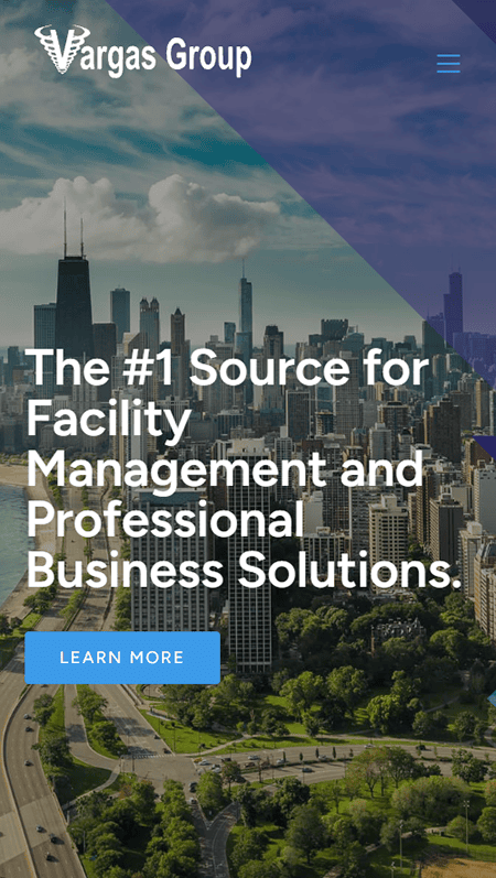Website screenshot showing Vargas Group’s business consulting services, with a cityscape banner, service list (strategy, sales, training, digital), client success stories, and contact section. Includes images of professionals in meetings and presentations.