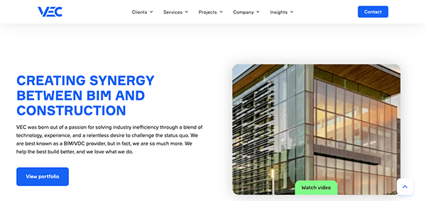 A website with the words vcc creating synergy between bim and construction.