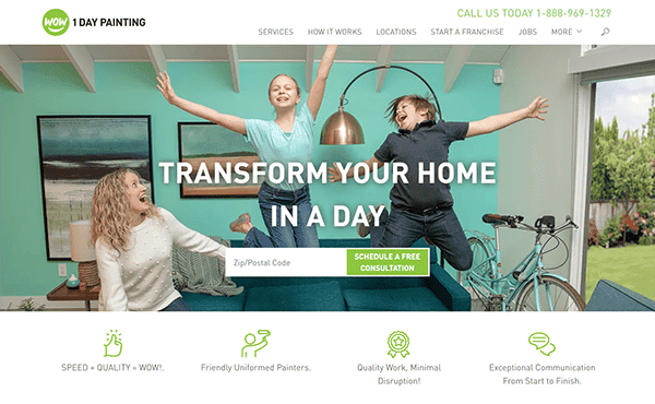 Two children jump excitedly on a teal couch in a bright living room. Text overlay reads, "Transform your home in a day with the best house painting." Website design highlights navigation and contact options.