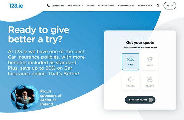 Website homepage for 123.ie insurance showcasing their car insurance policy benefits, with options for retrieving a quote for various types of insurance including home, travel, and health. the company is also noted as proud.