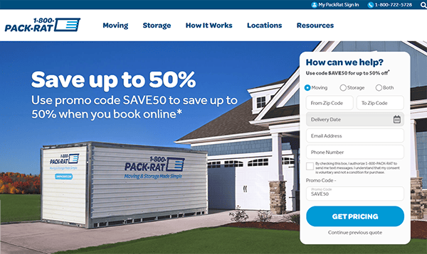 Front of a house with a 1-800-PACK-RAT storage container in the driveway; website banner highlights up to 50% off with promo code and an online booking form—see why it's featured among the Best Moving Company Websites.