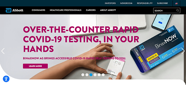 A website homepage promoting over-the-counter rapid covid-19 testing kits with a visual of the test package and smartphone app.
