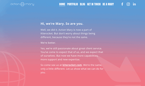 A screenshot of a website homepage with a welcoming message from a company named "mary," featuring links to a portfolio, blog, contact information, and social media icons.