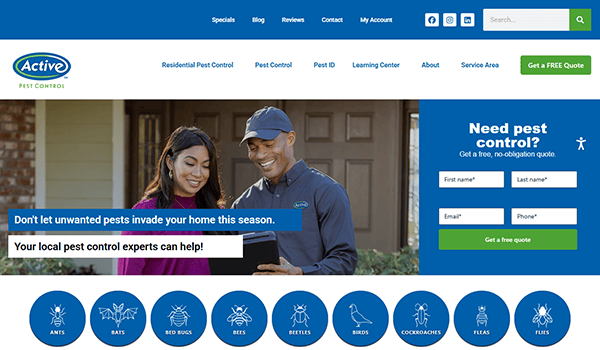 A pest control technician talks with a woman outside a house; the site showcases one of the best pest control websites, featuring service details and a free quote form on the right.