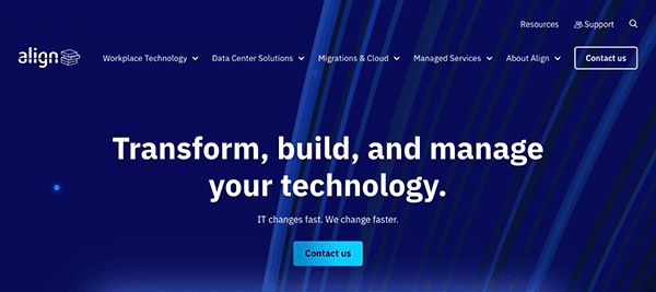 A website with the words transform, build and manage your technology.