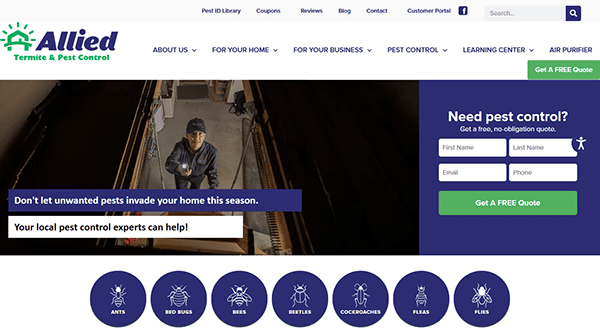Screenshot of the Allied Termite & Pest Control website showcasing a pest control worker, contact form, and pest categories like ants, bed bugs, and more—an example of best website designs in the pest control industry.