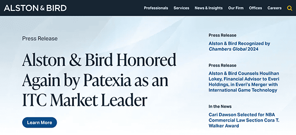 Website homepage of alston & bird law firm highlighting their recognition as an itc market leader by patexia.