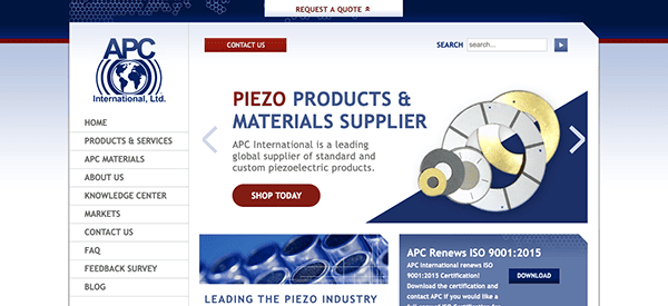 A website homepage for apc international, ltd., showcasing their specialization as a piezo products and materials supplier.