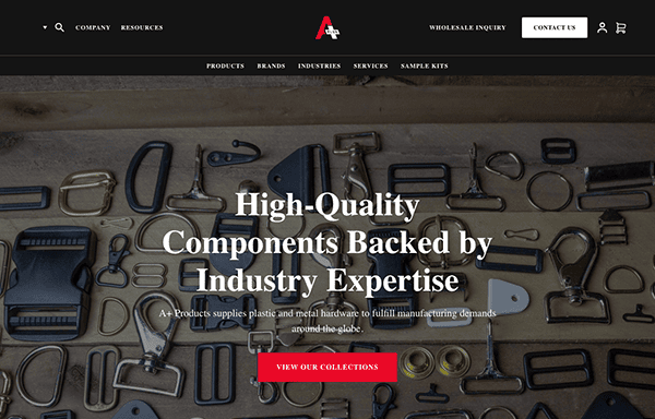 An array of metal hardware components showcased on a website with a tagline about their quality and expertise.