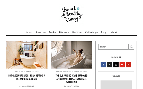 Website homepage for a lifestyle blog called "the art of healthy living," featuring articles on wellbeing and beauty.