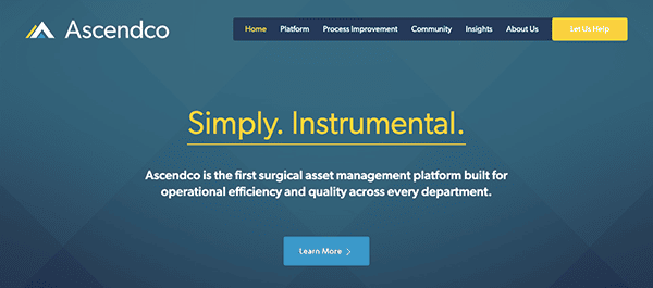 Website homepage of ascendco featuring a tagline "simply. instrumental." and a brief description of their surgical asset management platform.