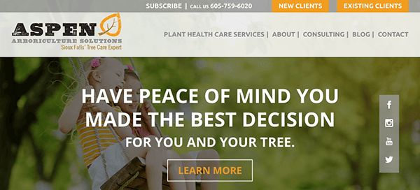 A screenshot of a tree care service website featuring a slogan about making the best decision for trees with an accompanying image of a person hugging a tree.
