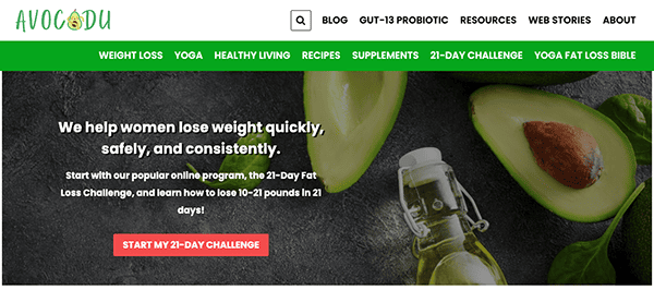 Website homepage for a weight loss program featuring an avocado-themed design with a call to action for a 21-day challenge.