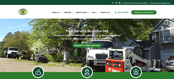 A screenshot of a tree service company's website homepage, featuring a banner with text advertising tree trimming and pruning services in brandon ms, with an image of a residential street and tree service vehicles in the background.