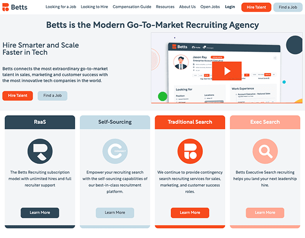 Website homepage of betts, a modern recruiting agency specializing in go-to-market hires, featuring services such as talent search and self-sourcing tools.