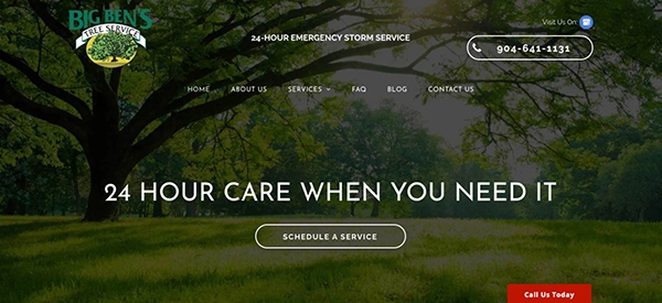 Website homepage for big ben's tree service featuring a 24-hour emergency storm service with a call-to-action button for scheduling a service.