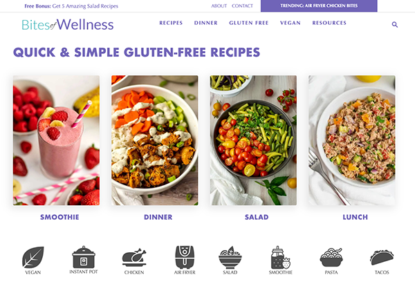 A screenshot of the "biteswellness" website featuring a collection of quick and simple gluten-free recipes.