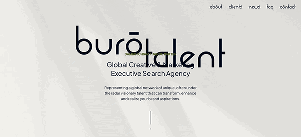 Webpage of a creative talent agency with overlaid text and menu options.