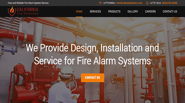 A website homepage for california fire detection featuring a headline about their fire alarm system services with a "contact us" button.