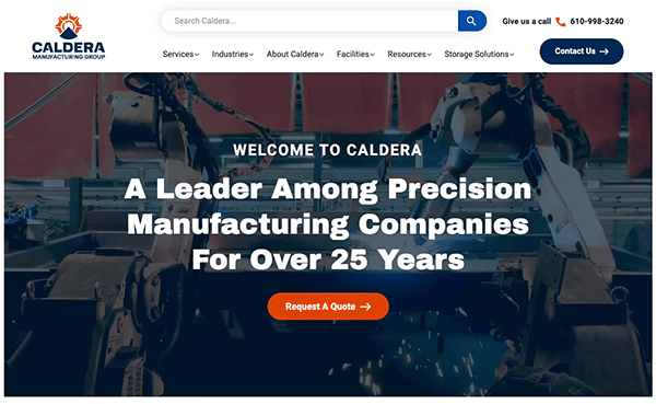 Website homepage of caldera manufacturing group featuring a headline about their leadership in precision manufacturing for over 25 years.