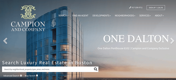 A screenshot of the campion and company website featuring the one dalton residential building in boston and offering a luxury real estate search functionality.