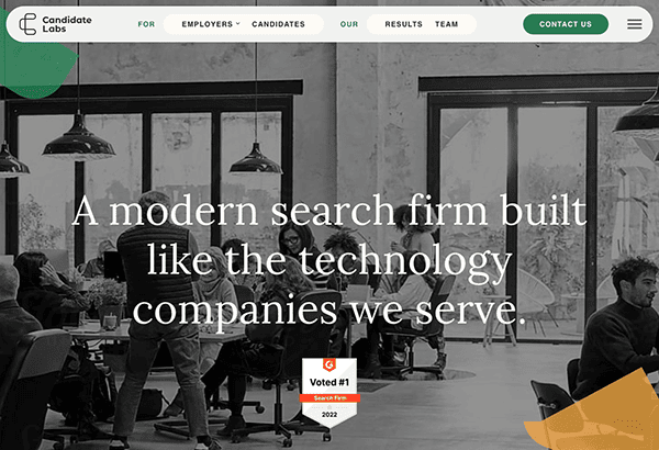 A website homepage of a modern search firm, featuring a monochromatic photo of professionals in a busy office setting with overlaying text describing the company's mission.