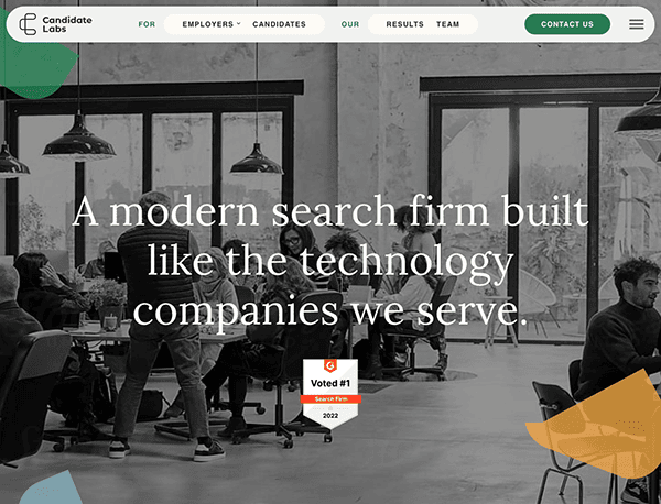 A website homepage of a modern search firm, featuring a monochromatic photo of professionals in a busy office setting with overlaying text describing the company's mission.