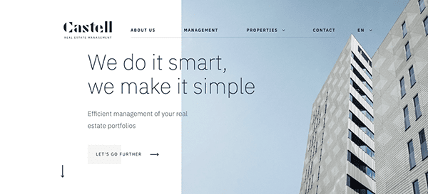 Website homepage of castell real estate management featuring a modern building and the slogan "we do it smart, we make it simple.