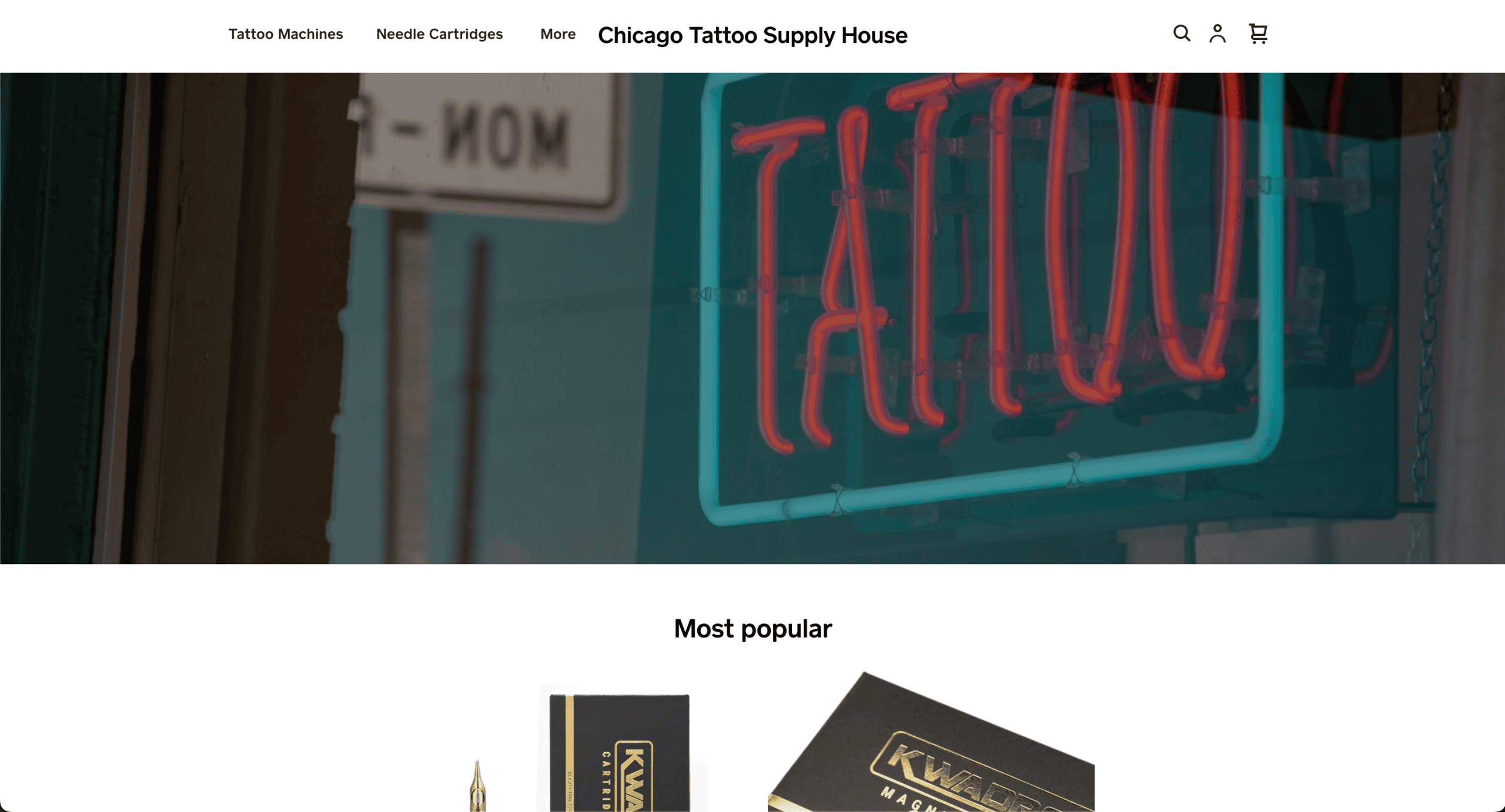 Website homepage for Chicago Tattoo Supply House, featuring a neon TATTOO sign in the window above a Most Popular section with top tattoo supply products. Explore this studio site’s clean tattoo shop website design to book more clients easily.