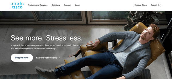 Cisco's website with a man sitting in a chair.