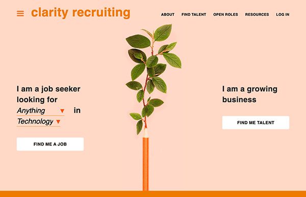 A website homepage for clarity recruiting with navigation options and two sections: one for job seekers and another for businesses looking for talent, featuring a plant graphic as a visual metaphor for growth.