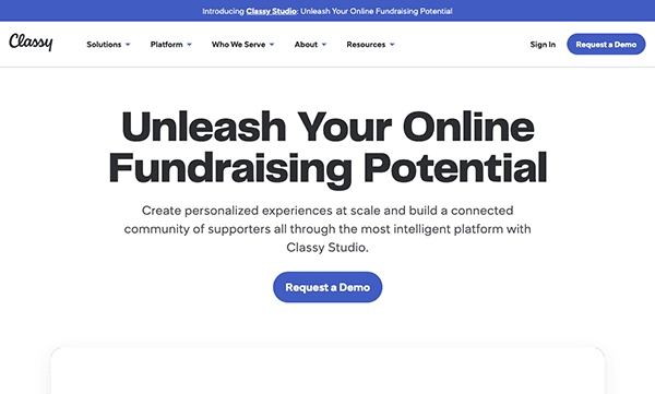Webpage header for a fundraising platform titled "classy" featuring a call to action for "unleashing your fundraising potential" with a button to request a demo.