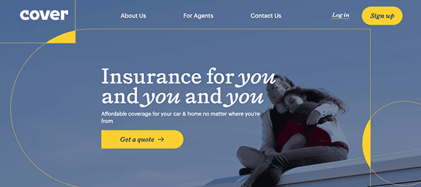 Web page header for an insurance company featuring a slogan "insurance for you and you and you" with an image of two people hugging and smiling, indicating peace of mind, along with a call to.
