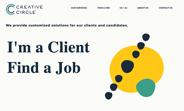 Website homepage for creative circle showcasing their services for clients and job seekers in the creative industry.