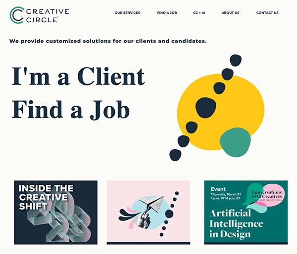 Website homepage for creative circle showcasing their services for clients and job seekers in the creative industry.